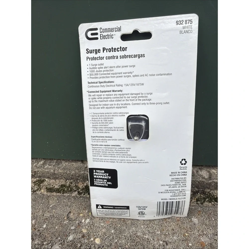 Commercial Electric Wall‎ Mount Wall Tap Surge Protector White 1-Outlet YLCT-29